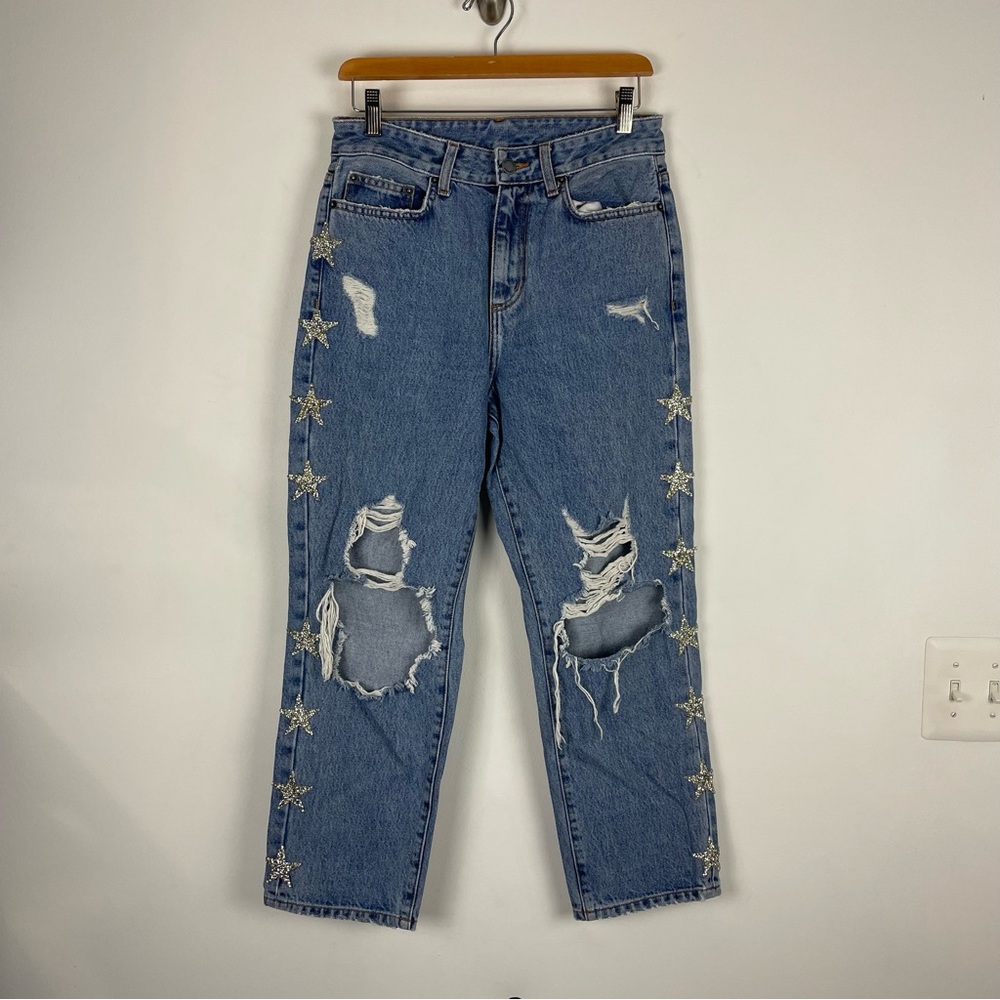 Carmar Light Wash Distressed High-Waist Jeans with Silver Stars Size 26